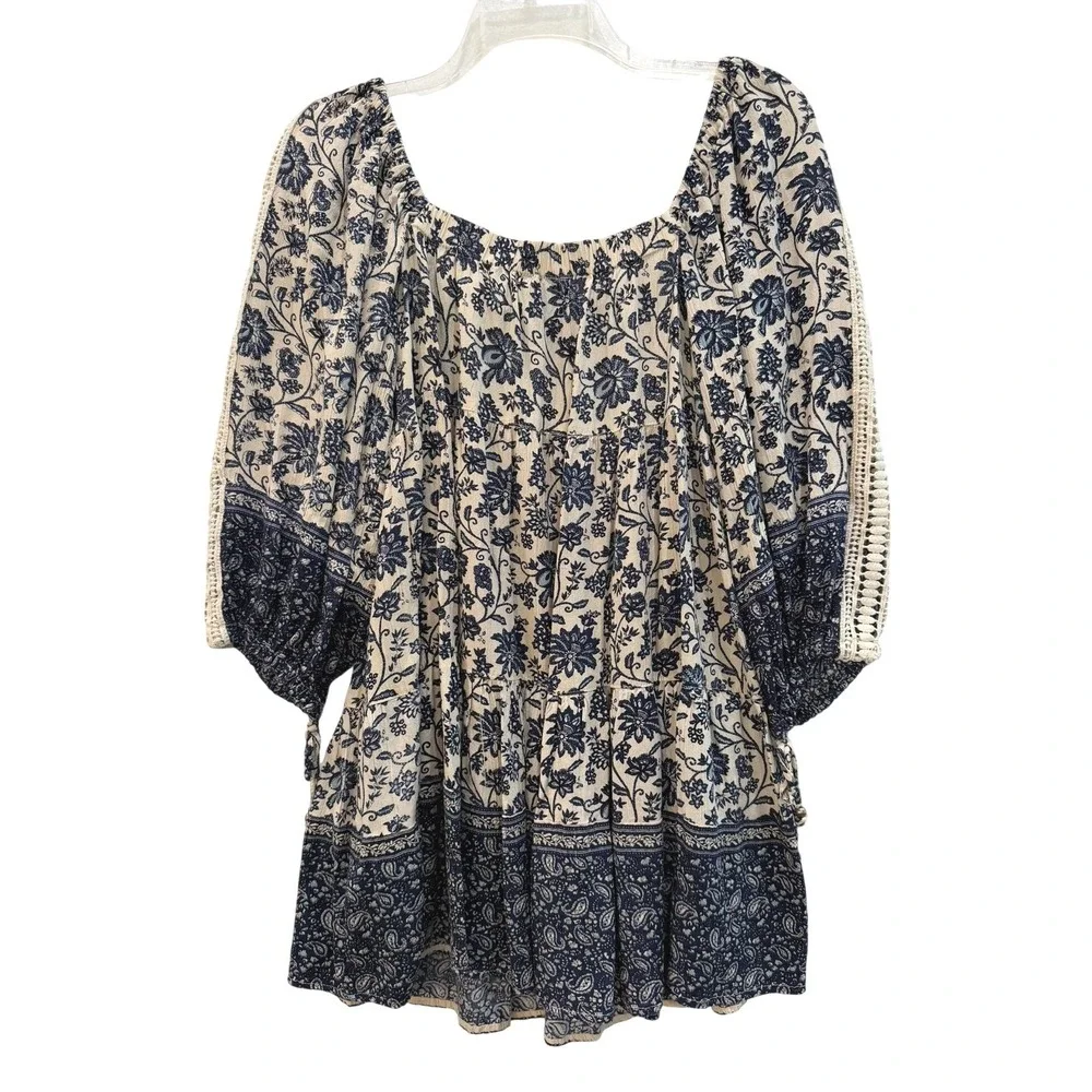 Angie Blue Floral Paisley Boho Peasant Crochet Lace Trim Tiered Mini Dress Small